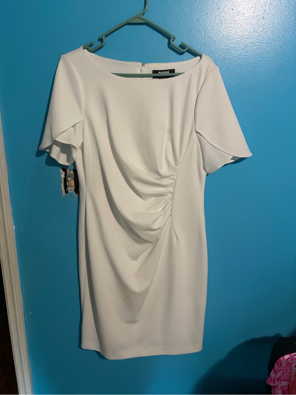 DKNY White Draped Sheath Dress with Flutter Sleeves